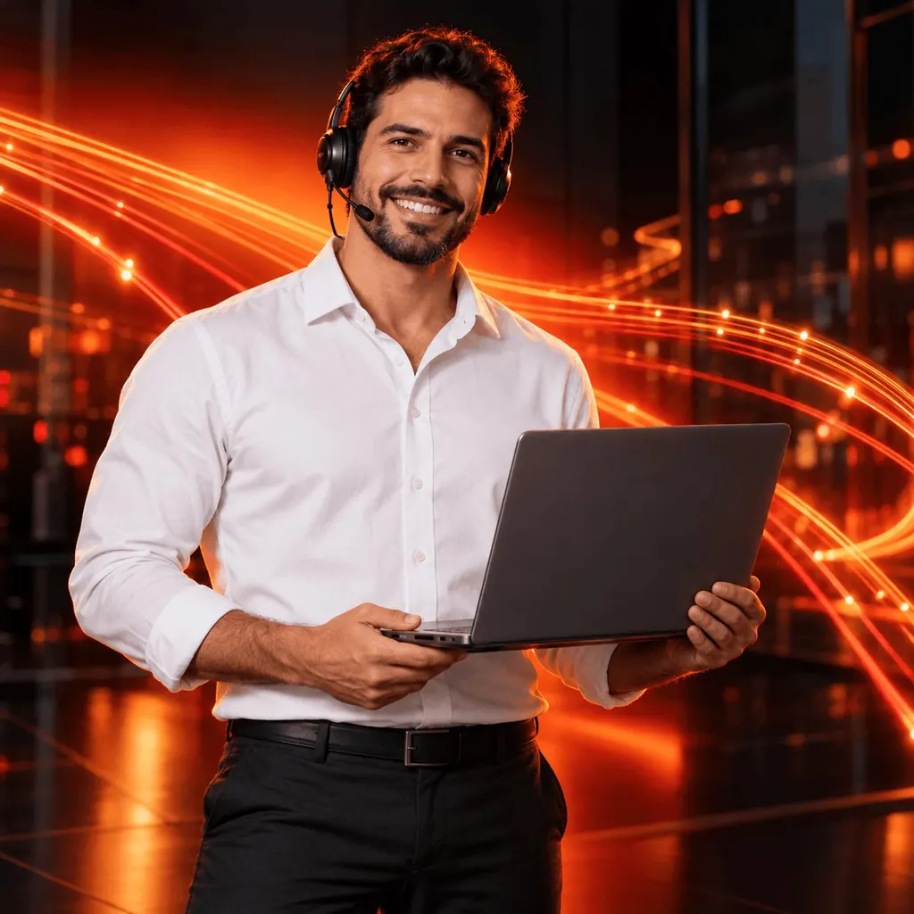 Consultor da Evolution NET com notebook, pronto para ligar para você