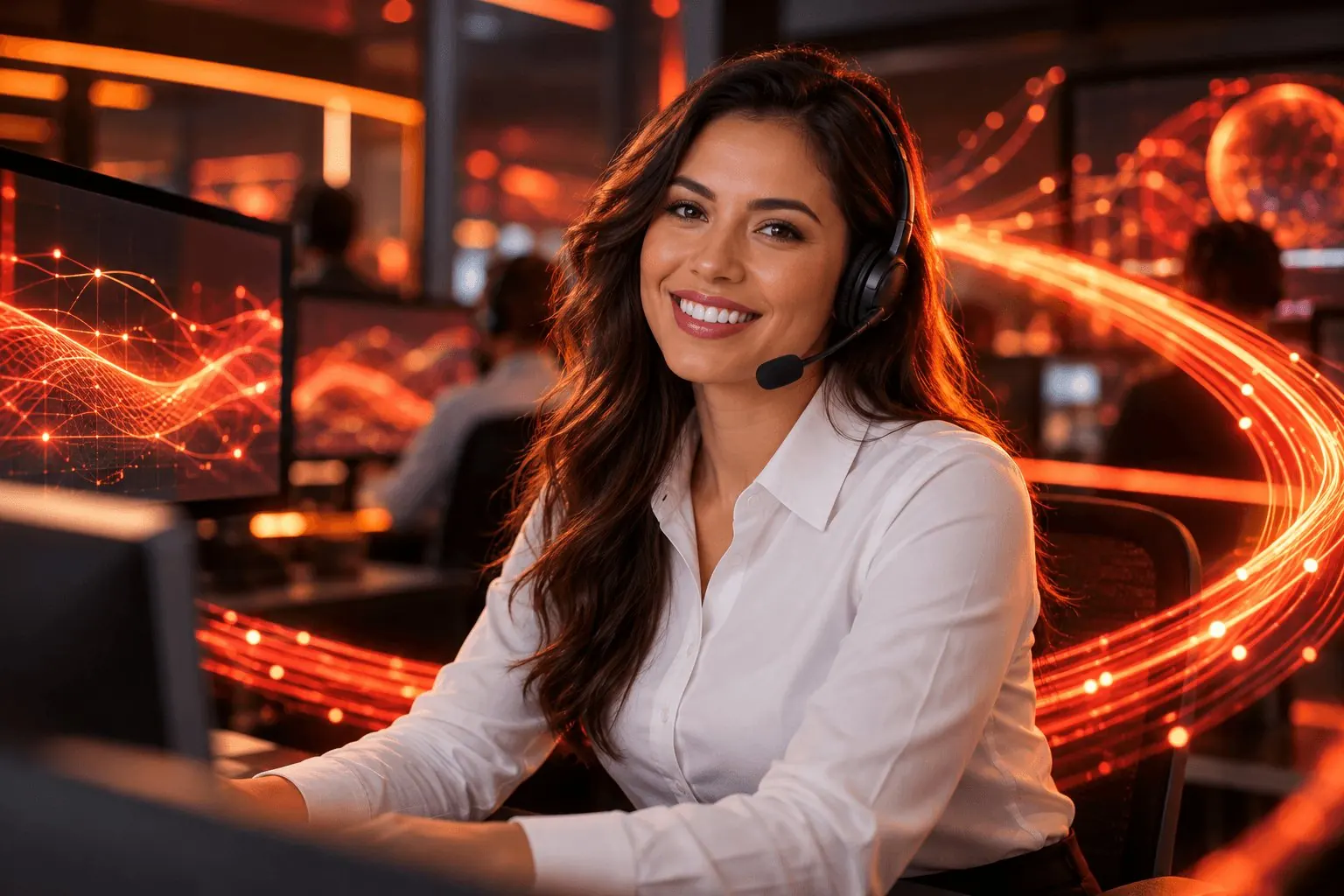 Atendente do suporte da Evolution NET sorrindo com headset na central de atendimento