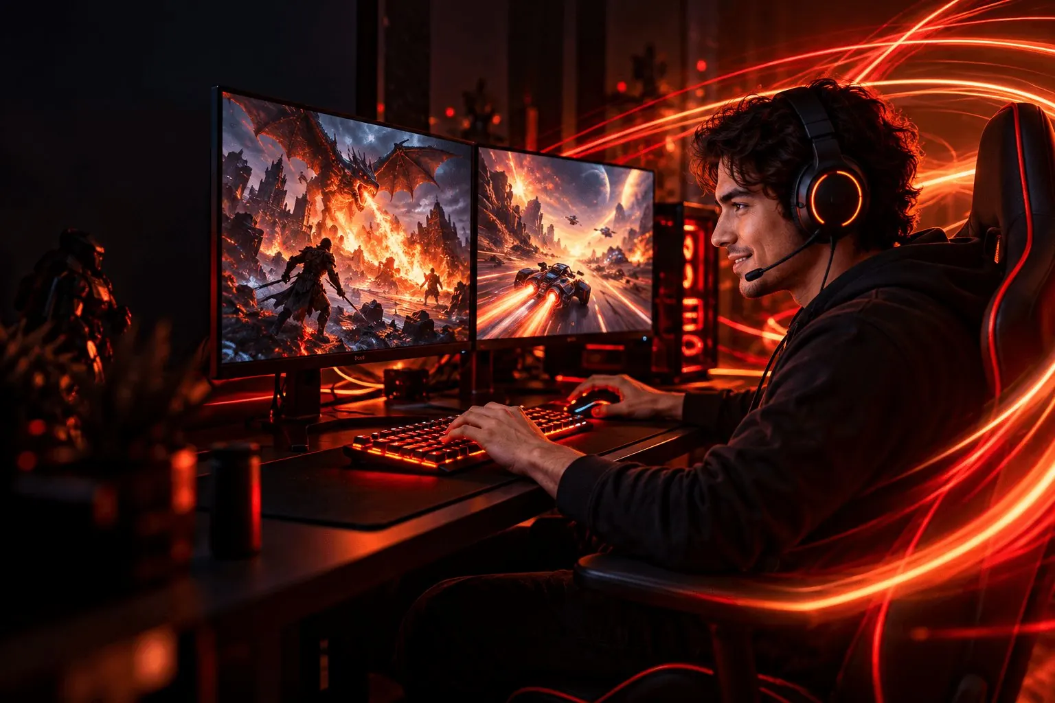 Gamer jogando no computador com internet fibra óptica sem lag