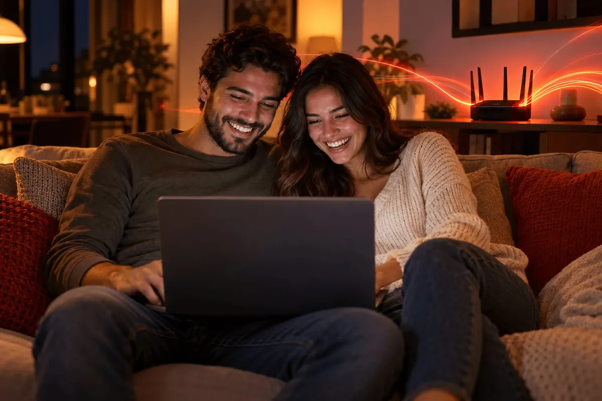Casal feliz usando a internet no notebook em casa